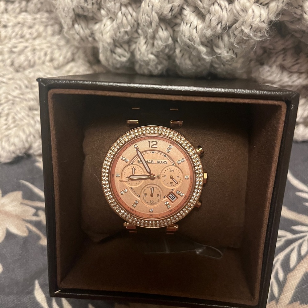 Michael Kors Rose Gold and Brown Tortoise Watch with Crystal Bezel